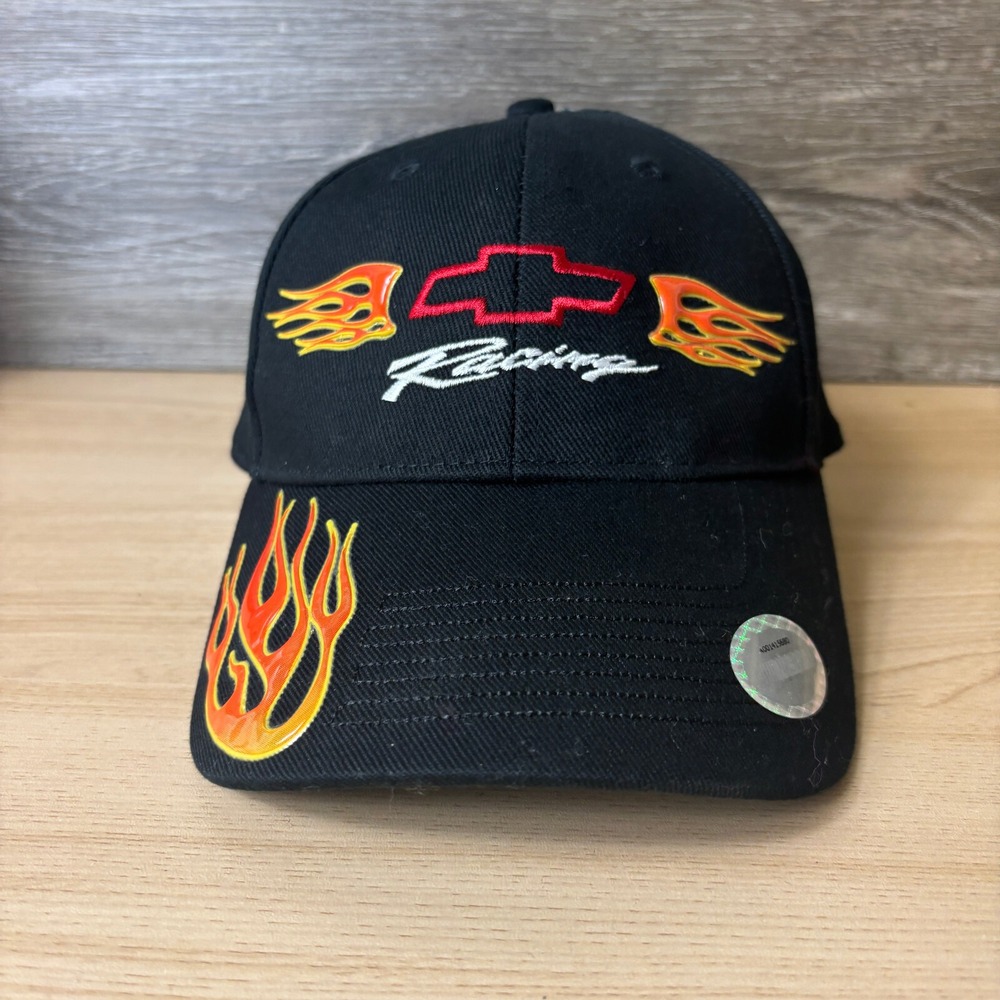 Vintage Chevy Racing Hat Strap Back Black Nascar Chevrolet Drew Pearson Flames